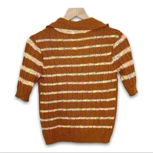 FREE PEOPLE 70s Cropped V-Neck Chunky Knit Striped Short Sleeve Henley Sweater S - Picture 9 of 14